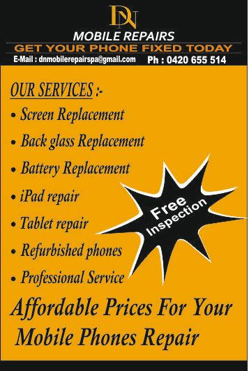 DN Mobile Repairs official service flyer with full service list and free inspection starburst